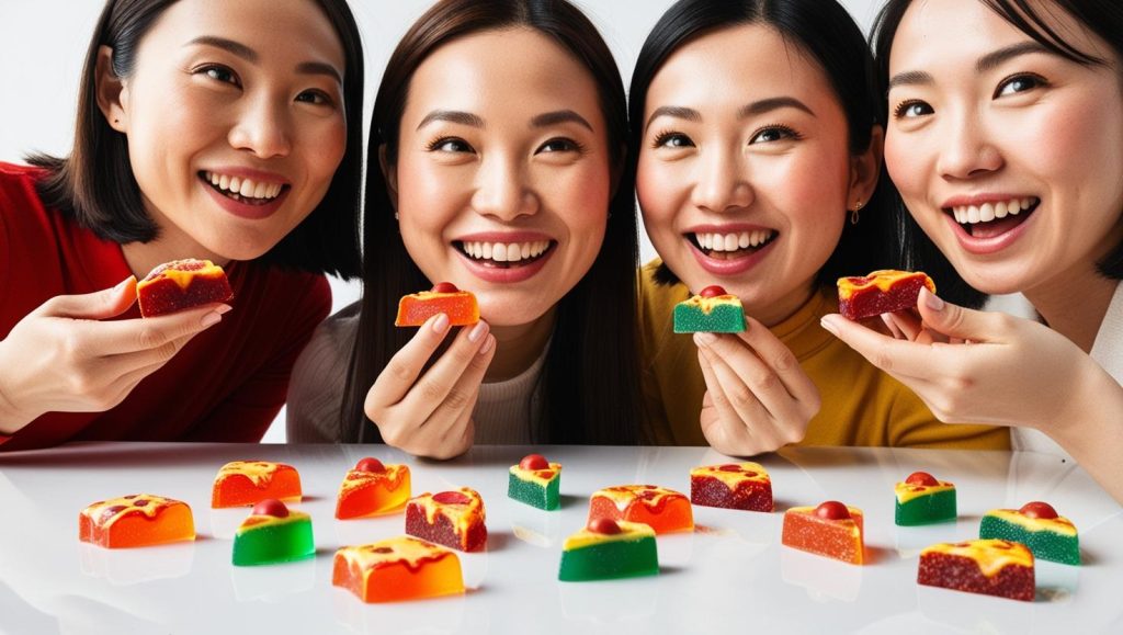 Groupe d'amis qui déguste des produits My Gummie