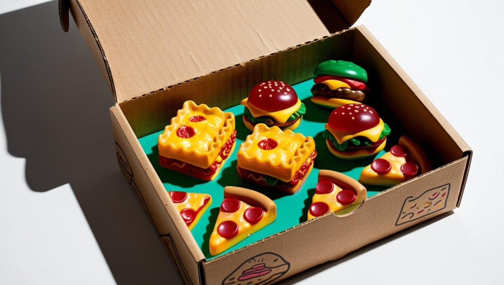 Des Gummies avec des goûts déjà fait (lasagne,burger et pizza)