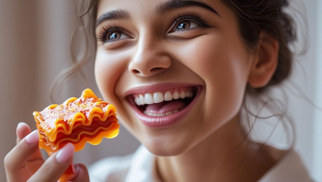 Une personne appréciant de manger son plat préféré en forme de gummie lasagne